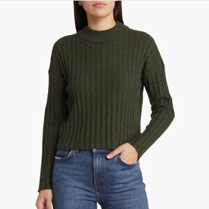 Madewell Sweater Womens Medium Wool Blend Mock Neck Cropped Green Ribbed NM625